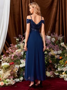 SHEIN Belle 亮片拼接挖肩垂墜後雪紡伴娘連衣裙 - 藏蓝色 - 查看 2