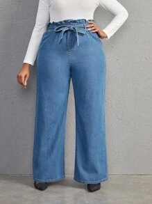 SHEIN Essnce 大碼紙袋腰腰帶闊腿牛仔褲 - 中等水洗藍 - 查看 4