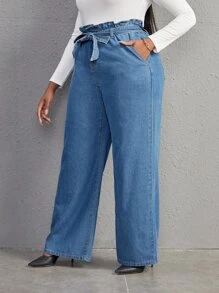 SHEIN Essnce 大碼紙袋腰腰帶闊腿牛仔褲 - 中等水洗藍 - 查看 5