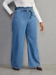 SHEIN Essnce 大碼紙袋腰腰帶闊腿牛仔褲 - 中等水洗藍 - 查看 3