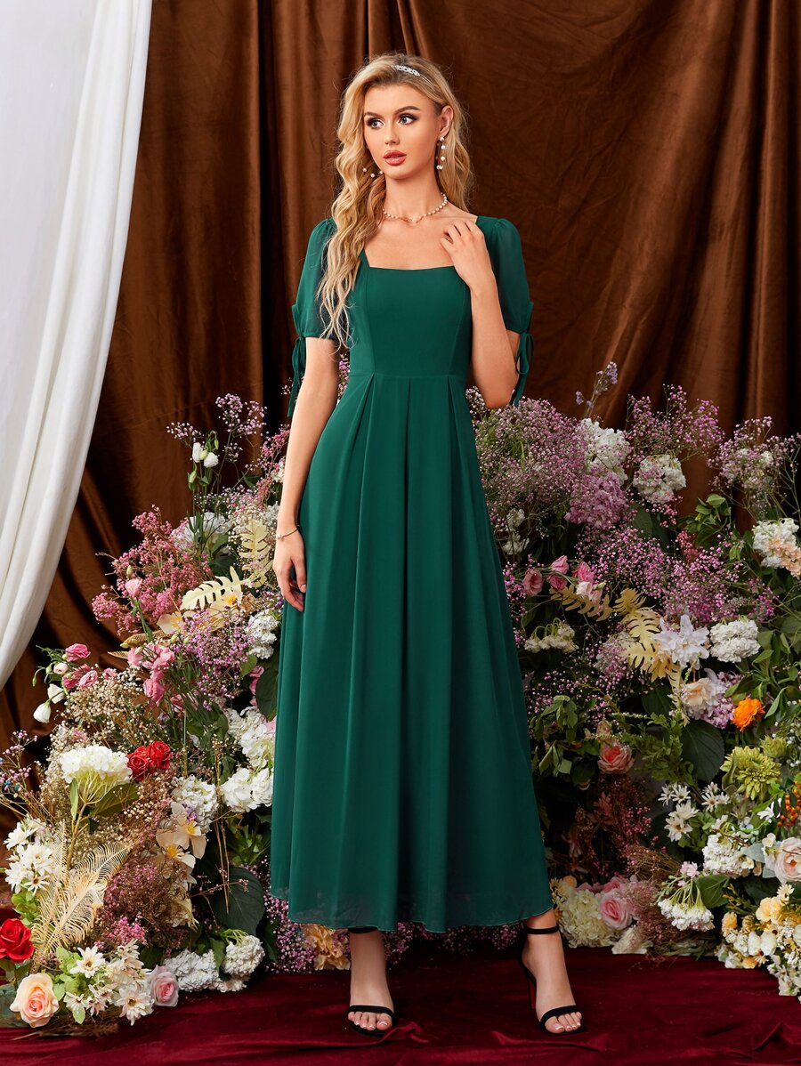 SHEIN Belle Square Neck Tie Cuff Pleated Chiffon Bridesmaid Dress ...