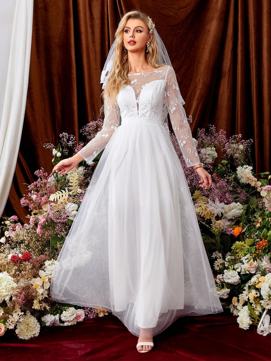 Floral Embroidery Zip Back Mesh Wedding Dress Without Veil - White - View 1