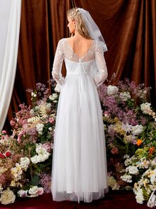 Floral Embroidery Zip Back Mesh Wedding Dress Without Veil - White - View 2