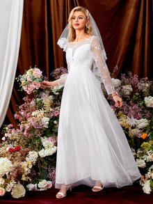 Floral Embroidery Zip Back Mesh Wedding Dress Without Veil - White - View 3