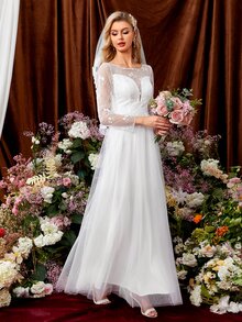 Floral Embroidery Zip Back Mesh Wedding Dress Without Veil - White - View 4
