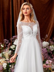 Floral Embroidery Zip Back Mesh Wedding Dress Without Veil - White - View 5