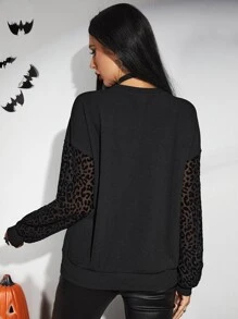 ROMWE PUNK 拼接豹紋落肩袖運動衫 - 黑色 - 查看 2