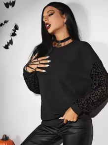 ROMWE PUNK 拼接豹紋落肩袖運動衫 - 黑色 - 查看 5