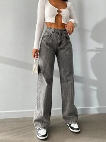 RueChic 斜口袋拉鏈門襟牛仔褲 - 灰色 - 查看 1