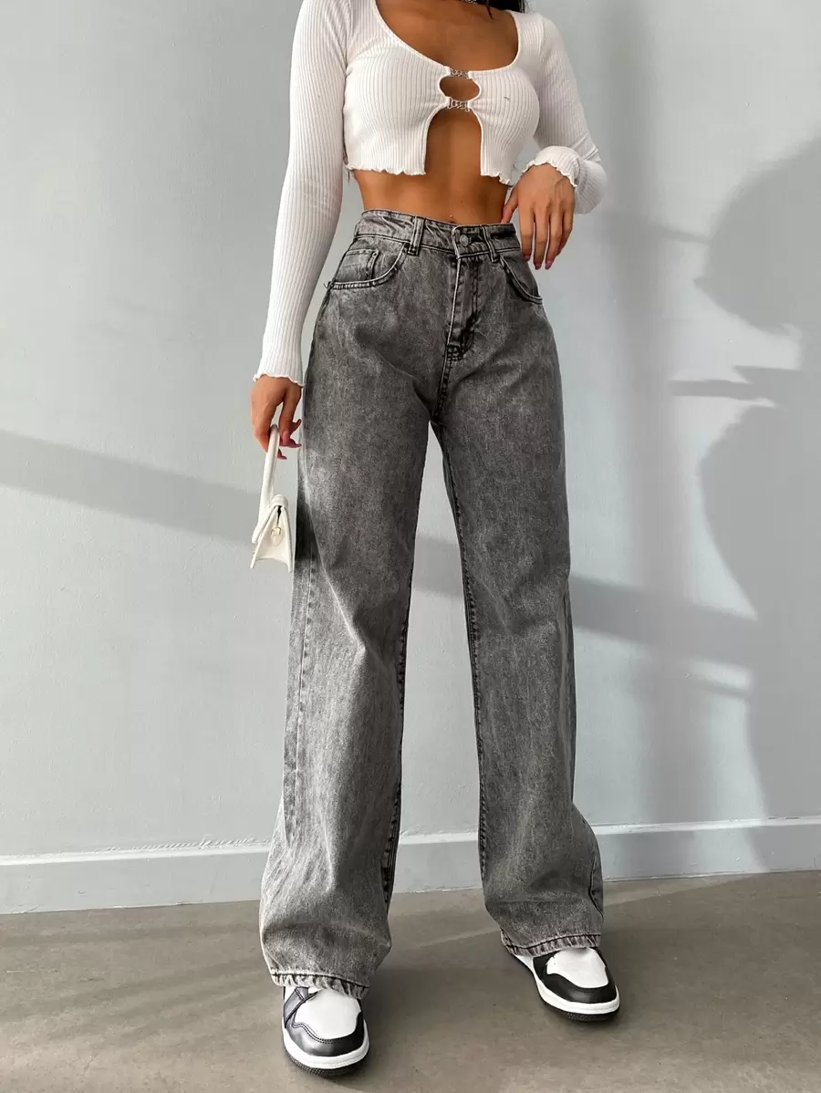 RueChic 斜口袋拉鏈門襟牛仔褲 - 灰色 - 查看 1