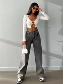 RueChic 斜口袋拉鏈門襟牛仔褲 - 灰色 - 查看 4