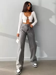 RueChic 斜口袋拉鏈門襟牛仔褲 - 灰色 - 查看 5