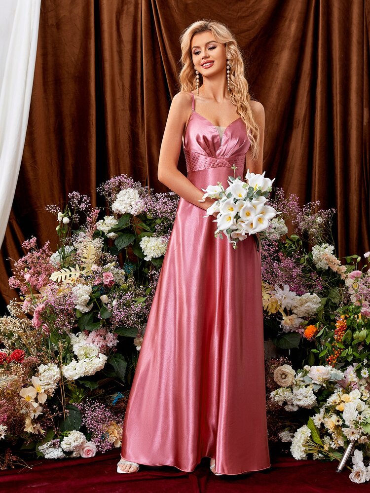 UNITHORSE Mesh Insert Plicated Detail Crisscross Backless Bridesmaid Dress