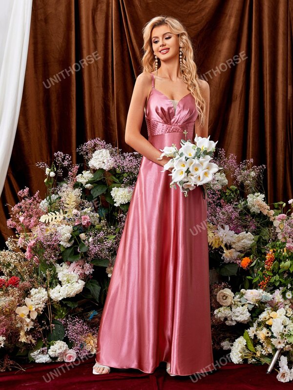 UNITHORSE Mesh Insert Plicated Detail Crisscross Backless Bridesmaid Dress