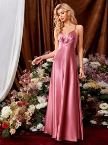 UNITHORSE Mesh Insert Plicated Detail Crisscross Backless Bridesmaid Dress - Rusty Rose - View 4