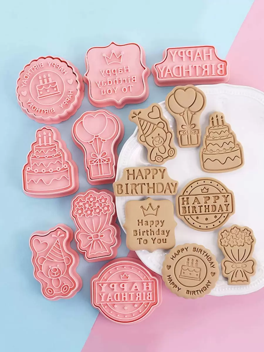 8pcs Cake & Slogan Design Birthday Cookie Stamp