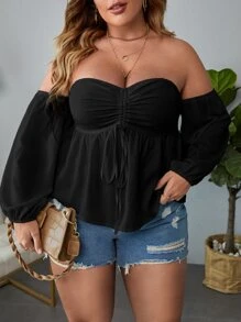 Breezaya 大碼一字肩前抽繩襯衫 - 黑色 - 查看 1