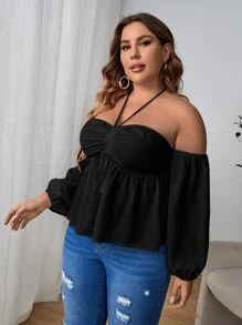 Breezaya 大碼一字肩前抽繩襯衫 - 黑色 - 查看 3