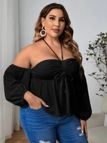 Breezaya 大碼一字肩前抽繩襯衫 - 黑色 - 查看 5