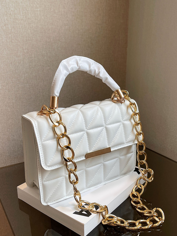 Leve, Casual De Negócios Acolchoado Detalhe Aba Corrente Bolsa Quadrada Para Meninas Adolescentes Mulheres Estudantes Universitários, Novatos E Trabalhadores De Colarinho Branco Perfeito Para Escritório, Faculdade, Trabalho, Negócios, Deslocamento Diário, Ao Ar Livre, Viagens, Passeios