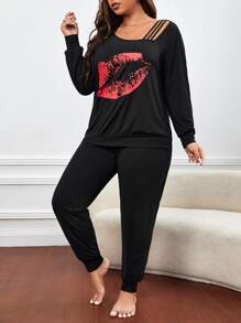 Conjunto de pijama con estampado de labio de cuello asimétrico - Negro - Ver 5