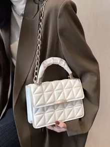 輕便商務休閒絎縫細節翻蓋鏈條方形包適合青少年女孩女大學生、菜鳥和白領非常適合辦公室、大學、工作、商務、通勤、戶外、旅行、郊遊 - 白色 - 查看 2