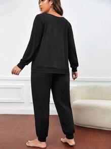 Conjunto de pijama con estampado de labio de cuello asimétrico - Negro - Ver 2