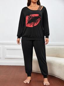 Conjunto de pijama con estampado de labio de cuello asimétrico - Negro - Ver 1