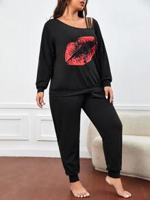 Conjunto de pijama con estampado de labio de cuello asimétrico - Negro - Ver 4