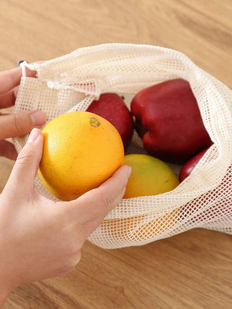 3 Pezzi Borse A Rete In Cotone Biologico Per Frutta E Verdura, Riutilizzabili, Con Coulisse, Misura 34,5x28 Cm