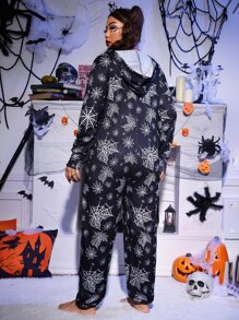 Plus Spider Web Print Drawstring Hooded Sleep Jumpsuit, For Halloween - Black - View 2