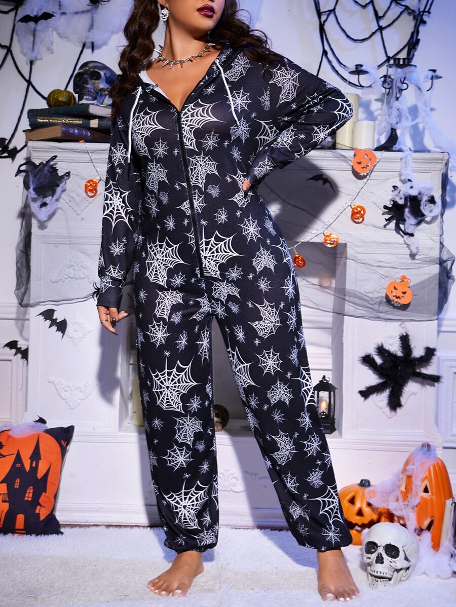 Plus Spider Web Print Drawstring Hooded Sleep Jumpsuit, For Halloween - Black - View 1