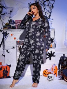 Plus Spider Web Print Drawstring Hooded Sleep Jumpsuit, For Halloween - Black - View 5