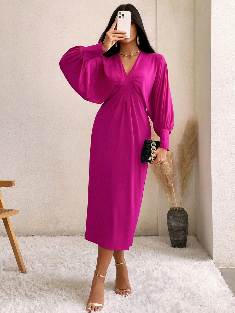 GENKIRA 素色蝙蝠袖後背開衩緊身連衣裙 - 中紫紅色 - 查看 1