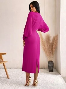 GENKIRA 素色蝙蝠袖後背開衩緊身連衣裙 - 中紫紅色 - 查看 2