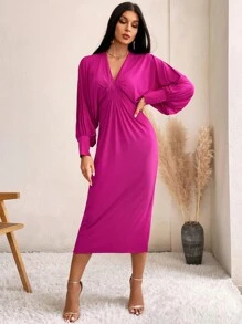 GENKIRA 素色蝙蝠袖後背開衩緊身連衣裙 - 中紫紅色 - 查看 5