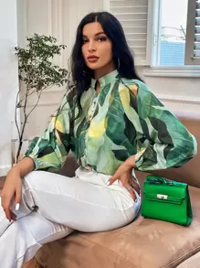 GENKIRA Tropical Print Lantern Sleeve Blouse - Multicolor - View 1