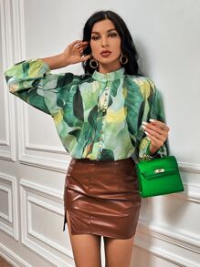 GENKIRA Tropical Print Lantern Sleeve Blouse - Multicolor - View 5