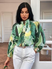 GENKIRA Tropical Print Lantern Sleeve Blouse - Multicolor - View 6