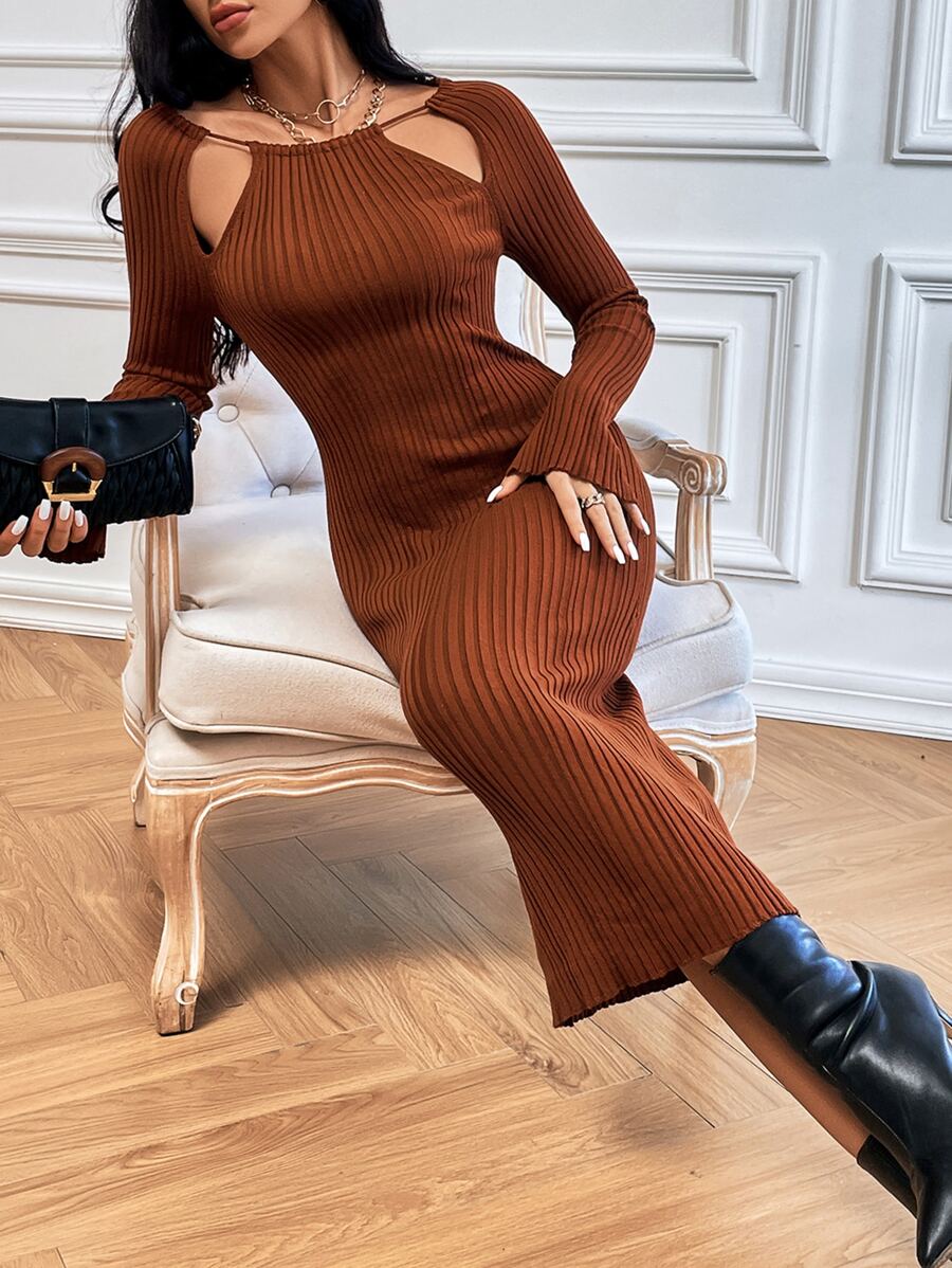 SHEIN Privé Tie Back Cut Out Jumper Dress - Rust Brown - View 1