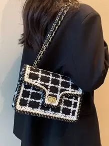 1 件 2025 新款时尚黑白格子羊毛单肩斜跨小方包，适合女性度假旅行日常使用、约会礼物 - 黑與白 - 查看 3