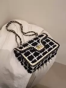 1 件 2025 新款时尚黑白格子羊毛单肩斜跨小方包，适合女性度假旅行日常使用、约会礼物 - 黑與白 - 查看 5