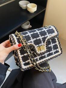 1 件 2025 新款时尚黑白格子羊毛单肩斜跨小方包，适合女性度假旅行日常使用、约会礼物 - 黑與白 - 查看 7