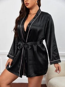 Plus Contrast Piping Belted Satin Robe - Black - View 1