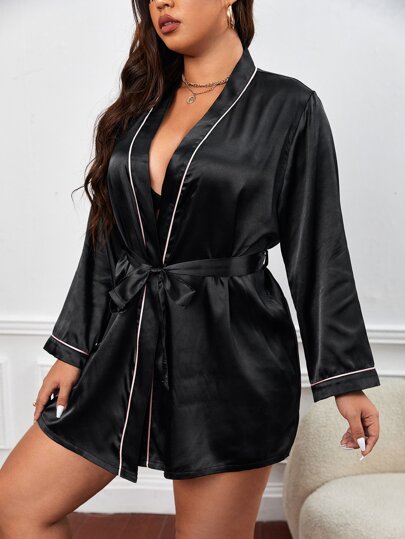 Plus Contrast Piping Belted Satin Robe