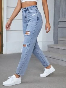 SHEIN EZwear High Waist Ripped Tapered Jeans Without Belt