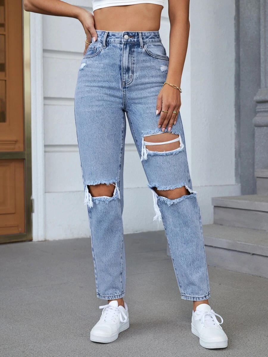 SHEIN EZwear High Waist Ripped Tapered Jeans Without Belt
