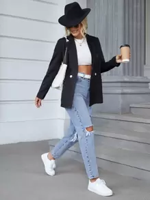 SHEIN EZwear High Waist Ripped Tapered Jeans Without Belt