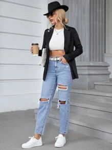 SHEIN EZwear High Waist Ripped Tapered Jeans Without Belt