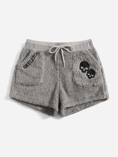 Academia Letter Skull Embroidery Teddy Shorts